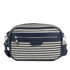 Zip Up Shoulder Bag - Navy - White