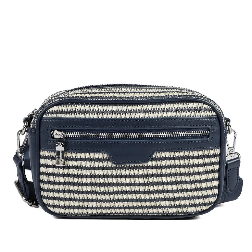 Zip Up Shoulder Bag - Navy - White
